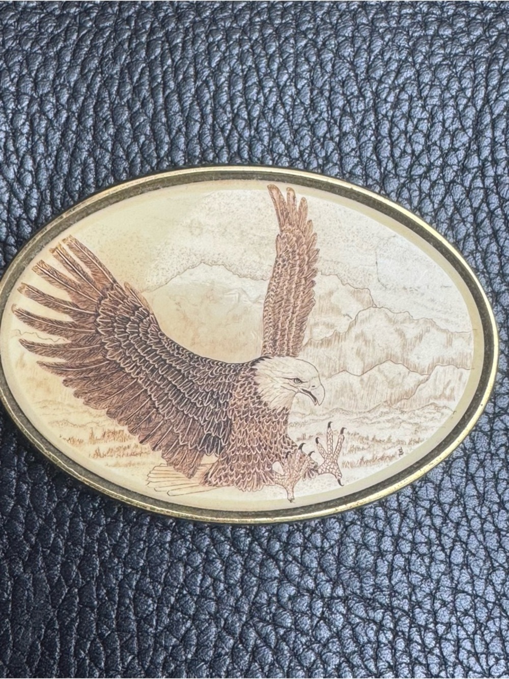 Vintage 1980s Barlow Solid Brass Belt Buckle Flying Eagle Simulated  Scrimshaw